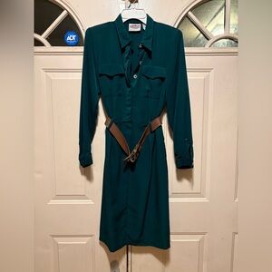Classic Teal Shirt Dress with Brown Belt